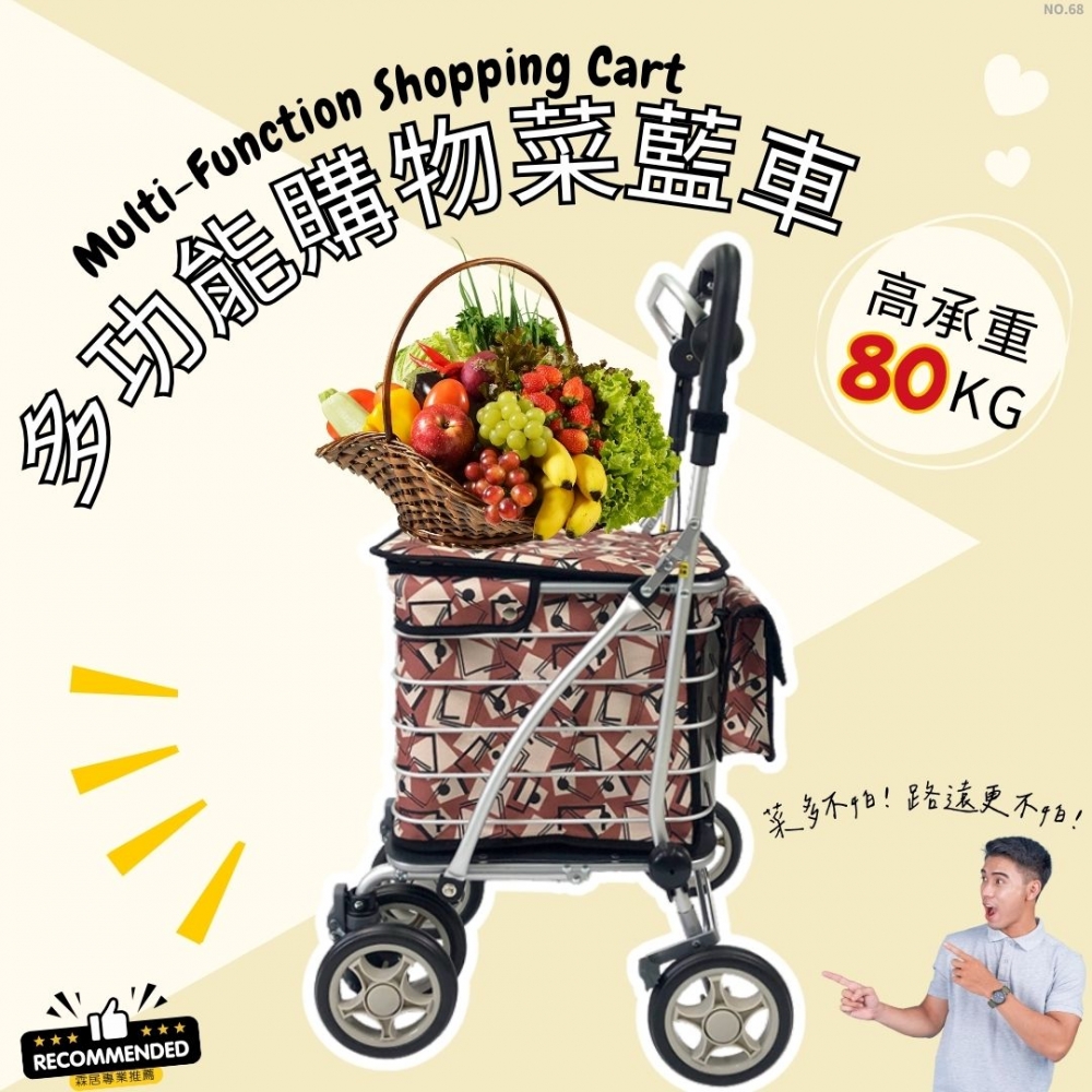 多功能購物菜籃車（NO.68-紅棕格紋款 ）-日本菜籃車 老人散步車 步行輔助車 可推可坐手推車 