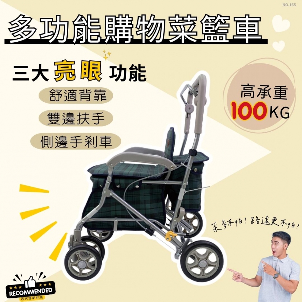 多功能購物菜籃車（NO.165-綠格紋款 ）-日本菜籃車 老人散步車 步行輔助車 可推可坐手推車