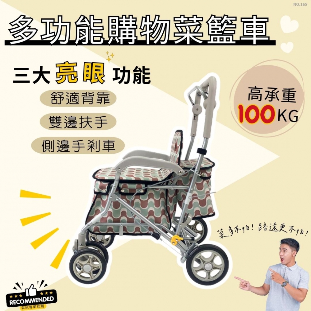 多功能購物菜籃車（NO.165-綠波浪款 ）-日本菜籃車 老人散步車 步行輔助車 可推可坐手推車