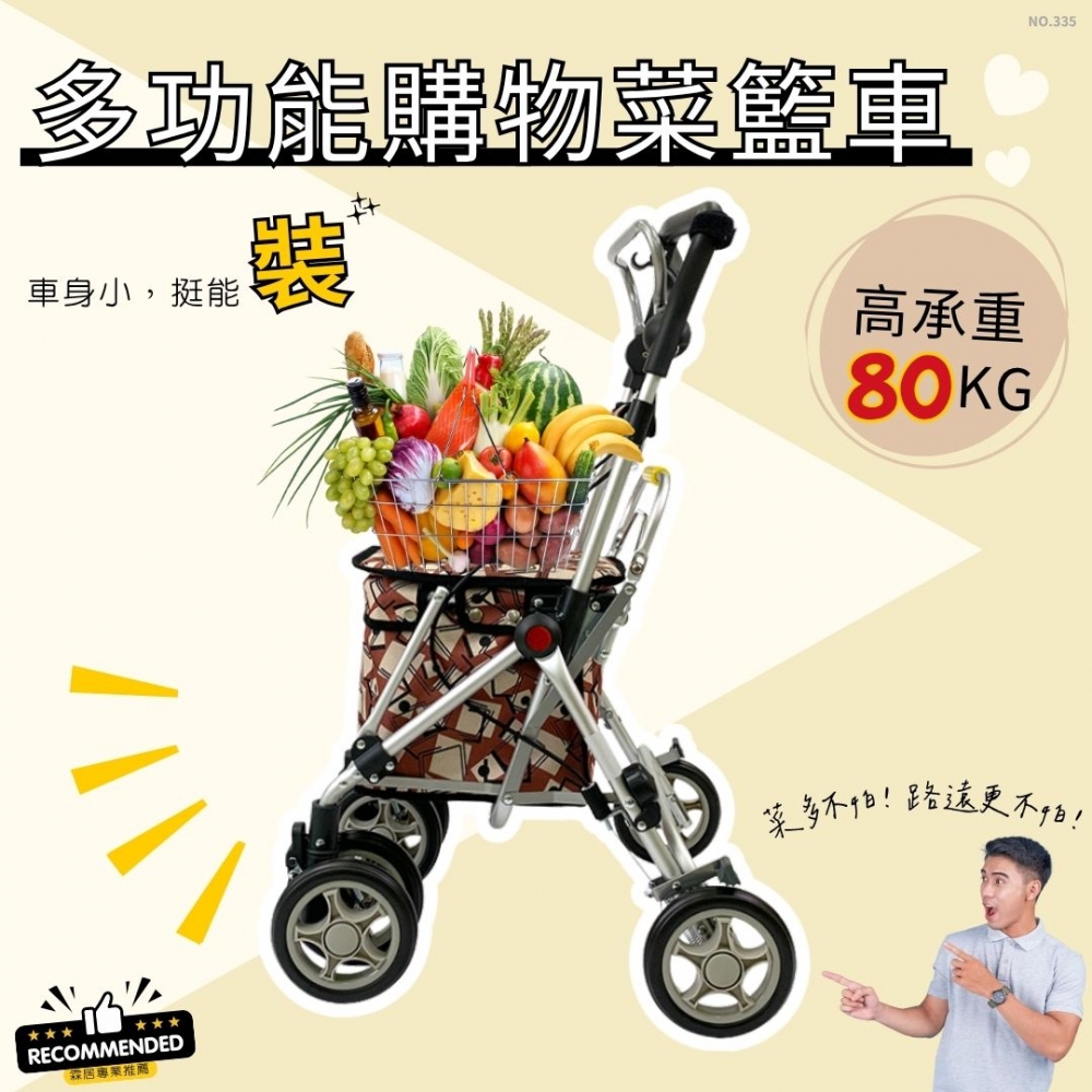 多功能購物菜籃車（NO.335-紅棕格紋款 ）-日本菜籃車 老人散步車 步行輔助車 可推可坐手推車